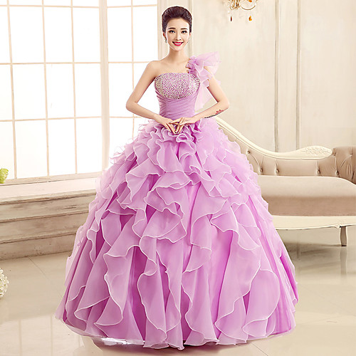 

Ball Gown Elegant Formal Evening Dress One Shoulder Sleeveless Floor Length Tulle with Sequin Tier Cascading Ruffles 2020