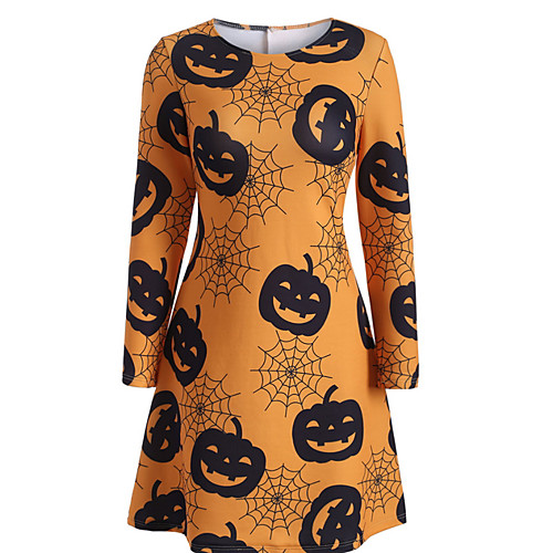 

Women's Halloween Shift Dress Orange Long Sleeve Geometric Round Neck Hot Halloween S M L XL XXL 3XL 4XL 5XL