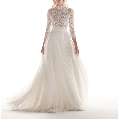 

A-Line Wedding Dresses High Neck Sweep / Brush Train Chiffon Lace 3/4 Length Sleeve Romantic See-Through Illusion Sleeve with Appliques 2020