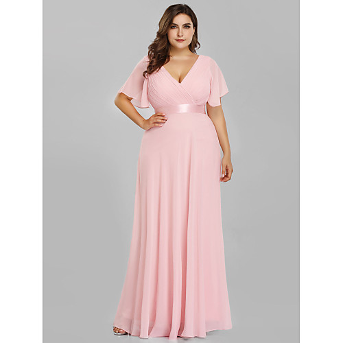 

A-Line Empire Plus Size Prom Formal Evening Dress V Neck Short Sleeve Floor Length Chiffon Satin with Pleats Ruched 2021