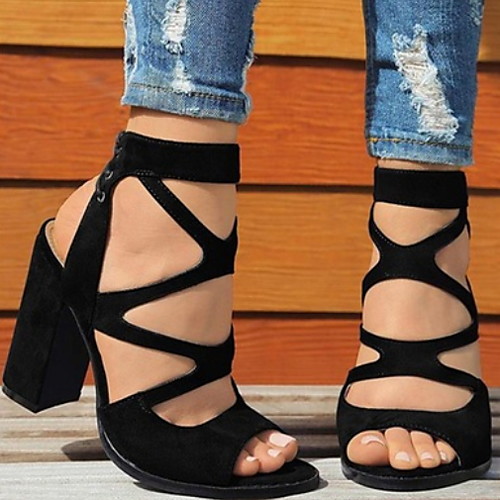 

Women's Sandals Summer Chunky Heel Peep Toe Roman Shoes Daily Solid Colored PU Blue / Black