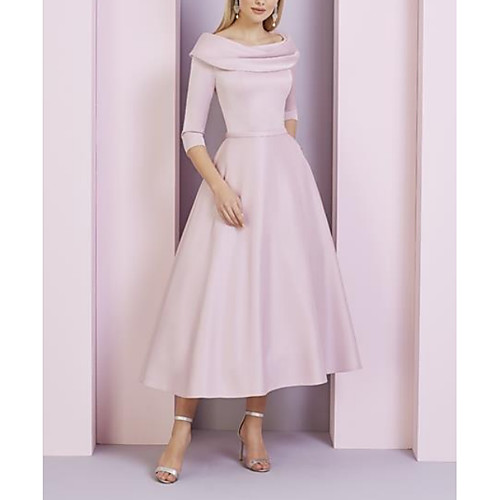 

A-Line Mother of the Bride Dress Plus Size Elegant Vintage Bateau Neck Tea Length Stretch Satin 3/4 Length Sleeve with Ruching 2021