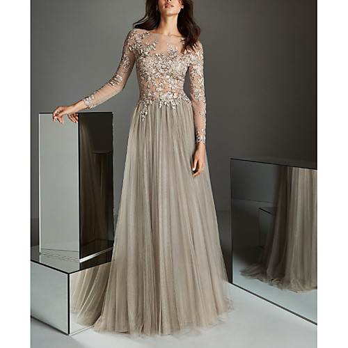 

A-Line Elegant Wedding Guest Formal Evening Dress Illusion Neck Long Sleeve Sweep / Brush Train Lace Tulle with Pleats Appliques 2021