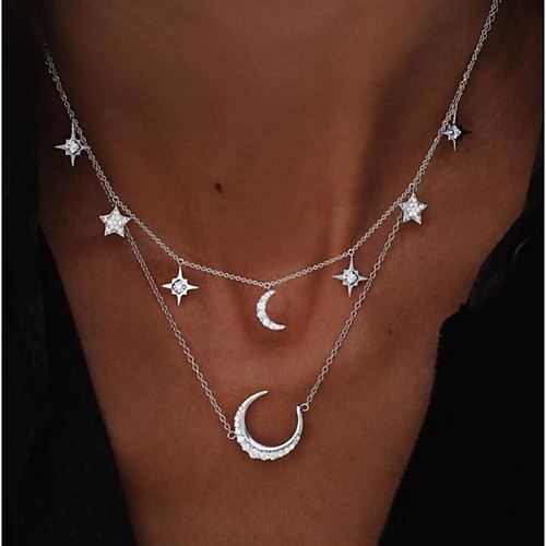 

Women's Necklace Charm Necklace Double Layered Moon Star European Fashion Imitation Diamond Alloy Gold Silver 33 cm Necklace Jewelry 1pc For Gift Birthday Party Beach