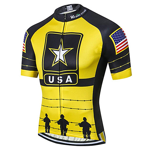 

21Grams American / USA National Flag Men's Short Sleeve Cycling Jersey - Black / Yellow Bike Jersey Top Breathable Quick Dry Back Pocket Sports Elastane Terylene Polyester Taffeta Mountain Bike MTB