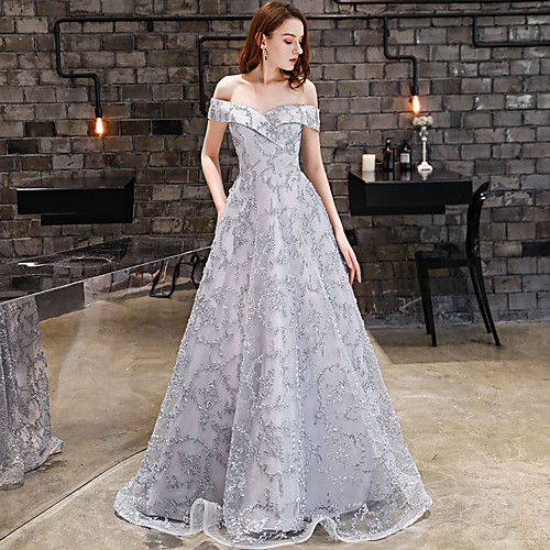 

A-Line Elegant Sparkle & Shine Formal Evening Black Tie Gala Dress Off Shoulder Short Sleeve Floor Length Lace with 2021