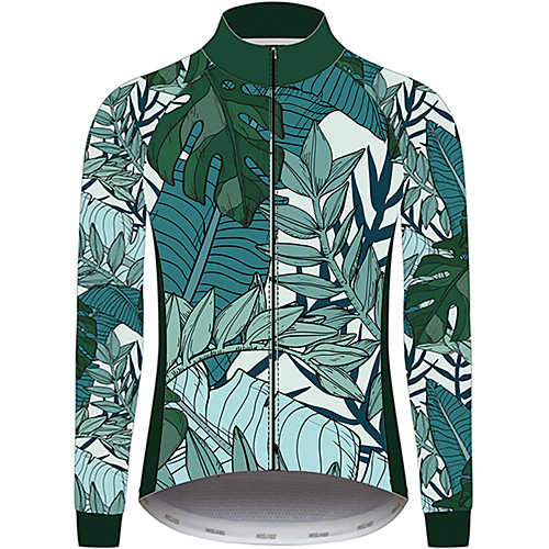 

21Grams Floral Botanical Men's Long Sleeve Cycling Jersey - Green / Black Bike Jersey Top UV Resistant Breathable Quick Dry Sports Winter Fleece 100% Polyester Mountain Bike MTB Road Bike Cycling