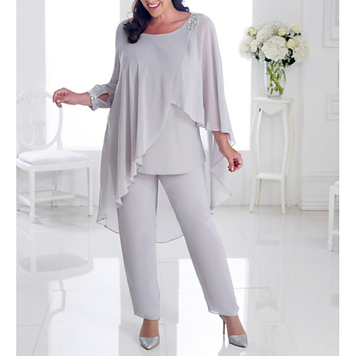 

Two Piece Pantsuit / Jumpsuit Mother of the Bride Dress Elegant Plus Size Jewel Neck Ankle Length Chiffon Long Sleeve with Beading Ruffles 2020