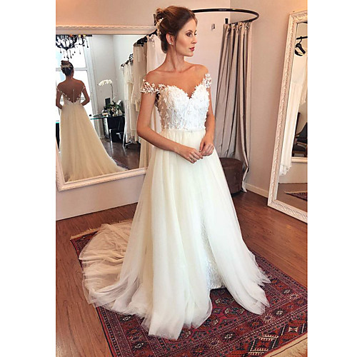 

A-Line Wedding Dresses Off Shoulder Sweep / Brush Train Tulle Polyester Short Sleeve Casual Sexy Illusion Detail Backless with Appliques 2020