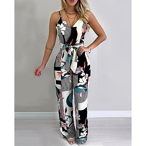 

Women's Basic Strap Black Slim Jumpsuit Onesie, Geometric Print S M L