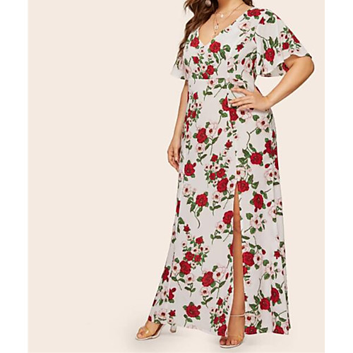 

Women's Plus Size Maxi Tropical Leaf Sheath Dress - Short Sleeve Floral V Neck Boho Street chic Slim White XL XXL XXXL XXXXL