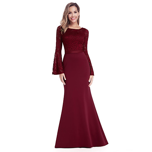 

Mermaid / Trumpet Minimalist Wedding Guest Formal Evening Valentine's Day Dress Jewel Neck Long Sleeve Floor Length Chiffon Lace with Appliques 2021