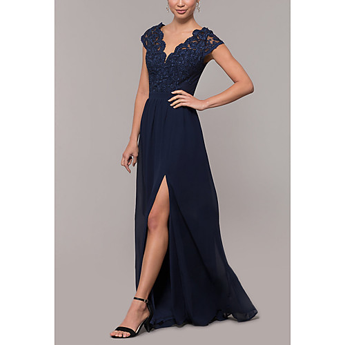 

A-Line Beautiful Back Formal Evening Dress Plunging Neck Sleeveless Floor Length Chiffon Lace with Lace Insert Appliques Split Front 2021