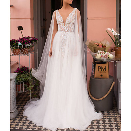 

A-Line Wedding Dresses V Neck Sweep / Brush Train Lace Tulle Regular Straps Casual Beach Sexy See-Through Backless Cape with Appliques 2021