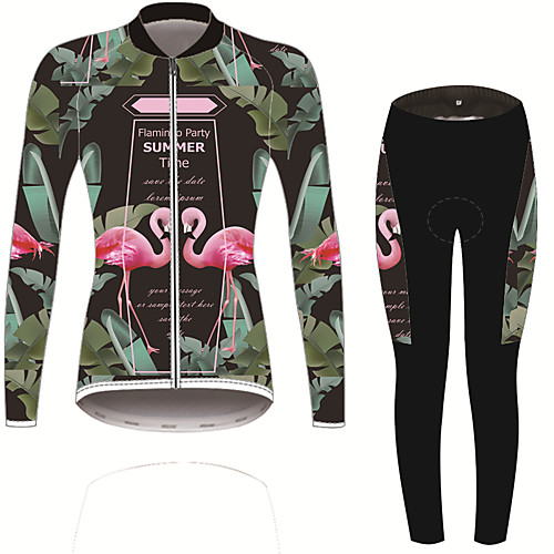 

21Grams Flamingo Floral Botanical Women's Long Sleeve Cycling Jersey with Tights - Forest Green Bike Clothing Suit UV Resistant Breathable Quick Dry Sports Winter Fleece Spandex Mountain Bike MTB