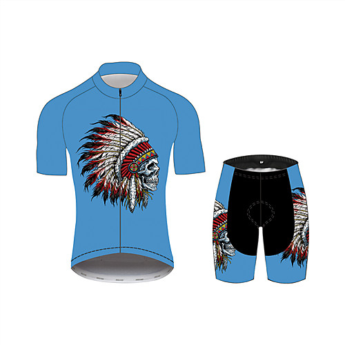 

21Grams Skull Indian Men's Short Sleeve Cycling Jersey with Shorts - Blue Bike Clothing Suit Breathable Quick Dry Moisture Wicking Sports 100% Polyester Mountain Bike MTB Clothing Apparel