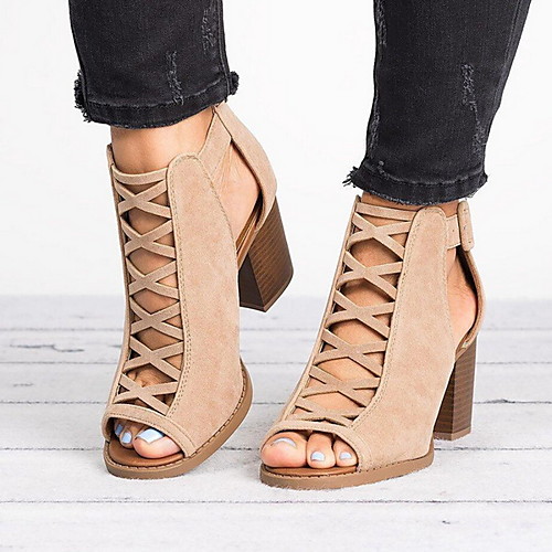 

Women's Sandals Summer Chunky Heel Peep Toe Roman Shoes Daily Solid Colored Suede Khaki / Black