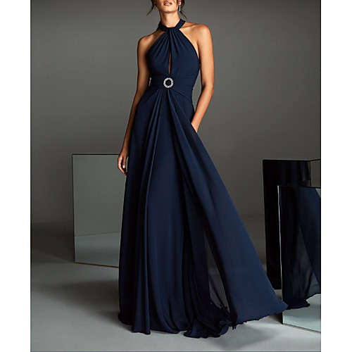 

A-Line Open Back Formal Evening Dress Halter Neck Sleeveless Sweep / Brush Train Chiffon with Sash / Ribbon 2021