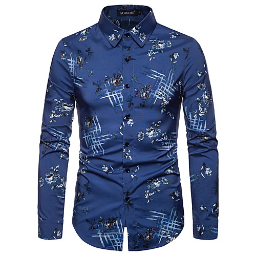 

Men's Floral Graphic Blue & White Print Slim Shirt Elegant Chinoiserie Party Club Blue / Long Sleeve