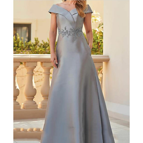 

A-Line Mother of the Bride Dress Elegant & Luxurious Off Shoulder Floor Length Satin Short Sleeve with Appliques Ruching 2021