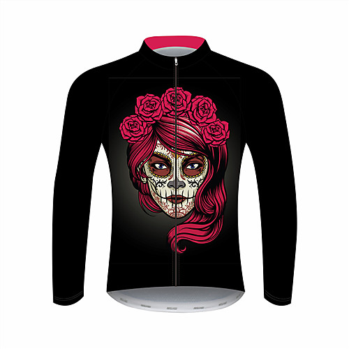 

21Grams Sugar Skull Women's Long Sleeve Cycling Jersey - Black / Red Bike Jersey Top UV Resistant Breathable Quick Dry Sports Winter Fleece 100% Polyester Mountain Bike MTB Road Bike Cycling Clothing