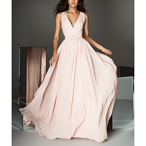 

A-Line Empire Engagement Formal Evening Dress V Neck Sleeveless Court Train Chiffon with Pleats 2021
