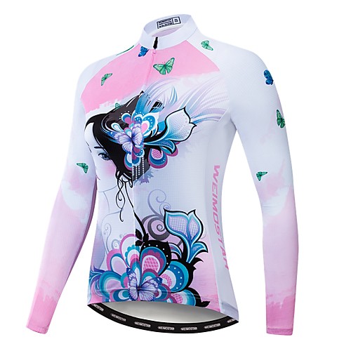 

21Grams Floral Botanical Women's Long Sleeve Cycling Jersey - Pink Bike Jersey Top UV Resistant Breathable Quick Dry Sports Winter Elastane Terylene Polyester Taffeta Mountain Bike MTB Road Bike