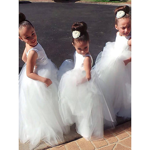 

A-Line Floor Length Wedding / First Communion Flower Girl Dresses - Lace / Satin / Tulle Sleeveless Jewel Neck with Lace