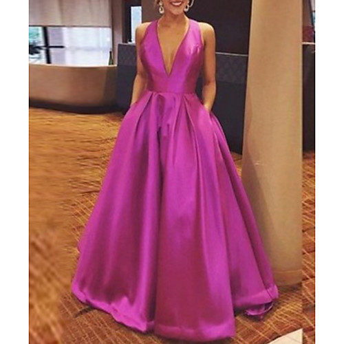 

A-Line Beautiful Back Formal Evening Dress Plunging Neck Sleeveless Floor Length Satin with Bow(s) Pleats 2021
