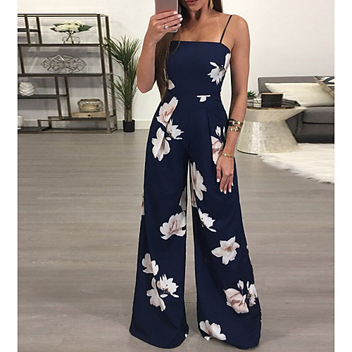 

Women's Basic Strap Navy Blue Wide Leg Jumpsuit Onesie, Floral Print S M L