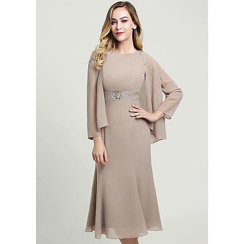 

Two Piece Sheath / Column Mother of the Bride Dress Wrap Included Jewel Neck Tea Length Chiffon Long Sleeve with Crystals 2021