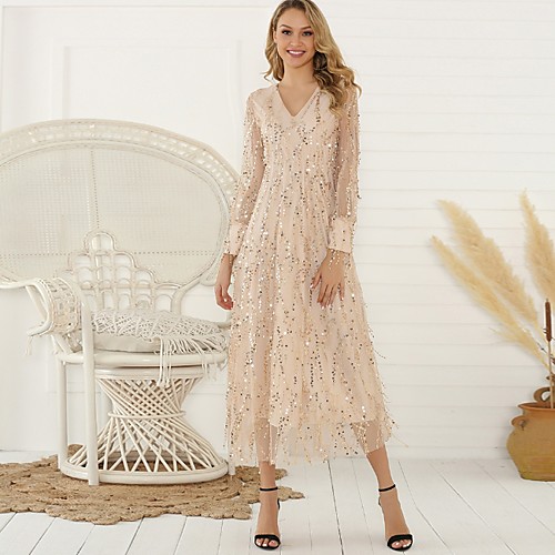 

Women's Sheath Dress Beige Long Sleeve Solid Colored V Neck S M L XL XXL