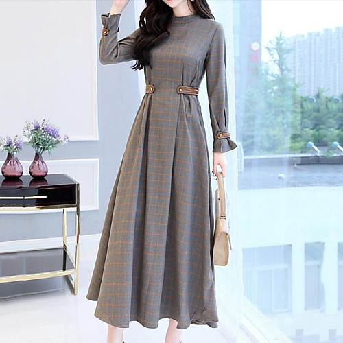 

Women's Swing Dress Maxi long Dress Gray Long Sleeve Check Patchwork Fall Winter Stand Collar Casual Cotton S M L XL XXL