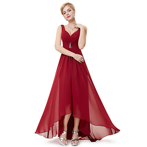 

A-Line Empire Holiday Wedding Guest Valentine's Day Dress V Neck Sleeveless Asymmetrical Polyester with Crystals Draping 2021