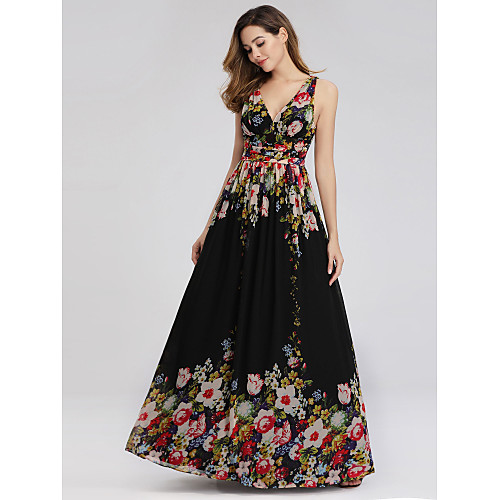 

A-Line Minimalist Elegant Prom Dress Plunging Neck Sleeveless Floor Length Chiffon with Draping 2021
