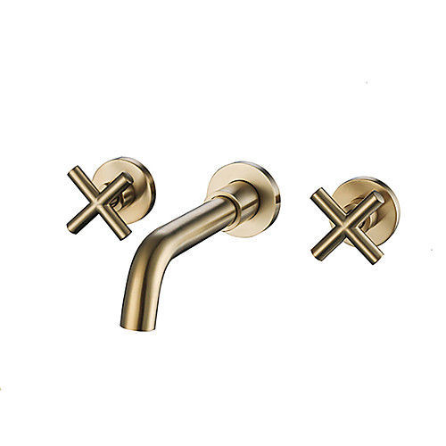 

Widespread Bathroom Sink Faucet Brushed Gold Wall Mounted Two Handles Three HolesBath Taps