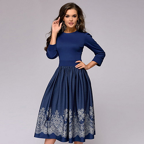 

Women's Midi Dress A-Line Dress - Long Sleeve Geometric Navy Blue S M L XL XXL XXXL