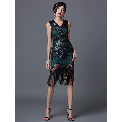 The Great Gatsby Charleston Roaring 20s 1920s Vacation Dress Flapper Dress Dress Halloween Costumes Prom Dresses Women's Sequins Costume Golden / Green / White Vintage Cosplay Party Homecoming Prom