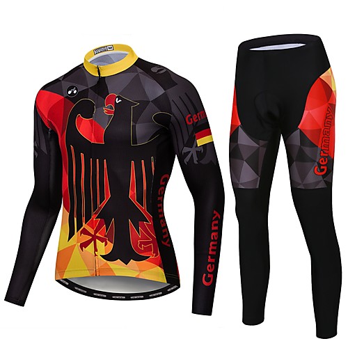 

21Grams Germany National Flag Men's Long Sleeve Cycling Jersey with Tights - Black / Red Bike Clothing Suit UV Resistant Breathable Quick Dry Sports Winter Elastane Terylene Polyester Taffeta