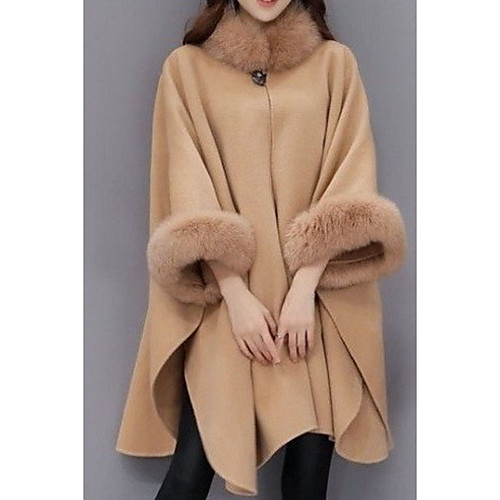 

Women's Party / Going out Street chic Fall & Winter Long Coat, Solid Colored Round Neck Long Sleeve Wool / Modal / Polyester Fur Trim Camel / Black / Gray / Sexy / Loose