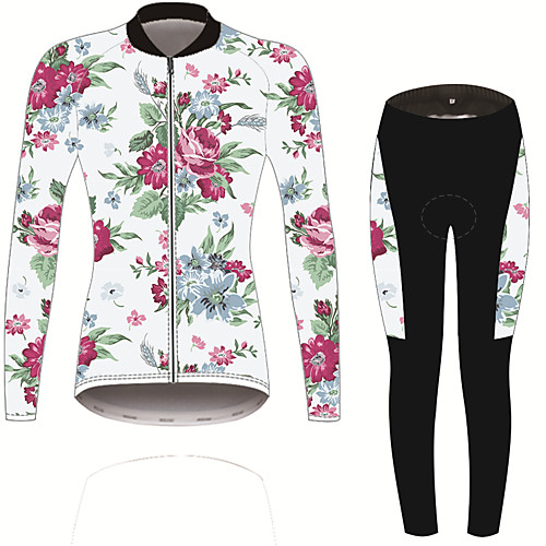 

21Grams Floral Botanical Women's Long Sleeve Cycling Jersey with Tights - Black / White Bike Clothing Suit UV Resistant Breathable Quick Dry Sports Winter Fleece Spandex Mountain Bike MTB Road Bike