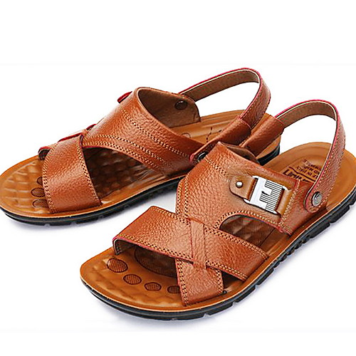 

Men's Comfort Shoes Summer Casual / Roman Shoes Daily Sandals Walking Shoes Cowhide Breathable Yellow / Brown / Black / Beading