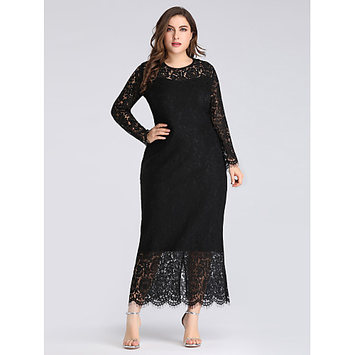 

Sheath / Column Plus Size Black Wedding Guest Formal Evening Dress Jewel Neck Long Sleeve Ankle Length Lace with Lace Insert 2020