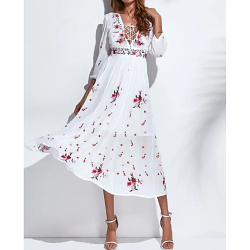 

Women's Swing Dress Midi Dress White 3/4 Length Sleeve Floral Deep V Elegant M L XL XXL