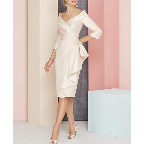 

Sheath / Column Mother of the Bride Dress Elegant Vintage Plus Size V Neck Knee Length Satin 3/4 Length Sleeve with Sash / Ribbon Ruching 2020