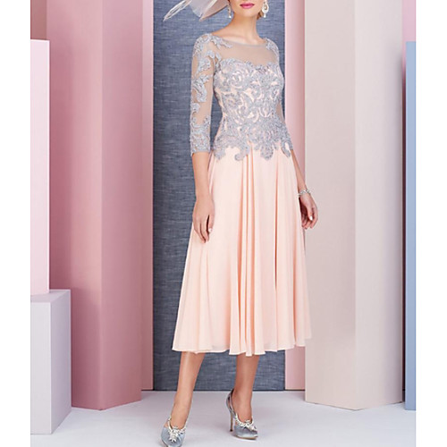 

A-Line Mother of the Bride Dress Elegant See Through Bateau Neck Tea Length Chiffon Lace 3/4 Length Sleeve with Appliques 2021