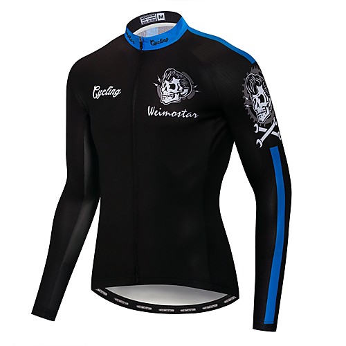 

21Grams Skull Men's Long Sleeve Cycling Jersey - Black Bike Jersey Top UV Resistant Breathable Moisture Wicking Sports Winter Fleece Polyester Elastane Mountain Bike MTB Road Bike Cycling Clothing