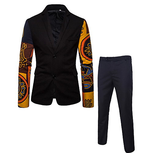 

Black Color Block / Geometric Regular Fit Rayon / Linen / Polyester Men's Suit - Notch lapel collar / Plus Size