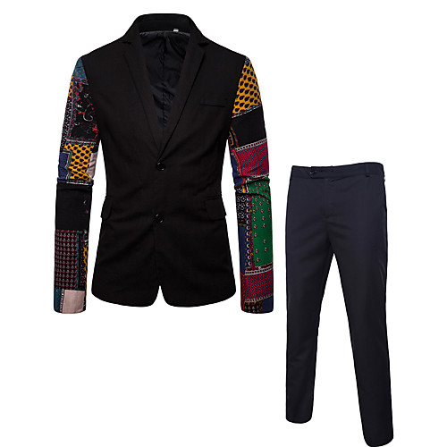 

Black Color Block / Geometric Regular Fit Rayon / Linen / Polyester Men's Suit - Notch lapel collar / Plus Size