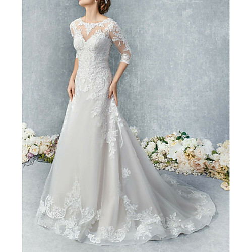 

A-Line Wedding Dresses Jewel Neck Court Train Tulle 3/4 Length Sleeve Illusion Sleeve with Buttons Appliques 2021
